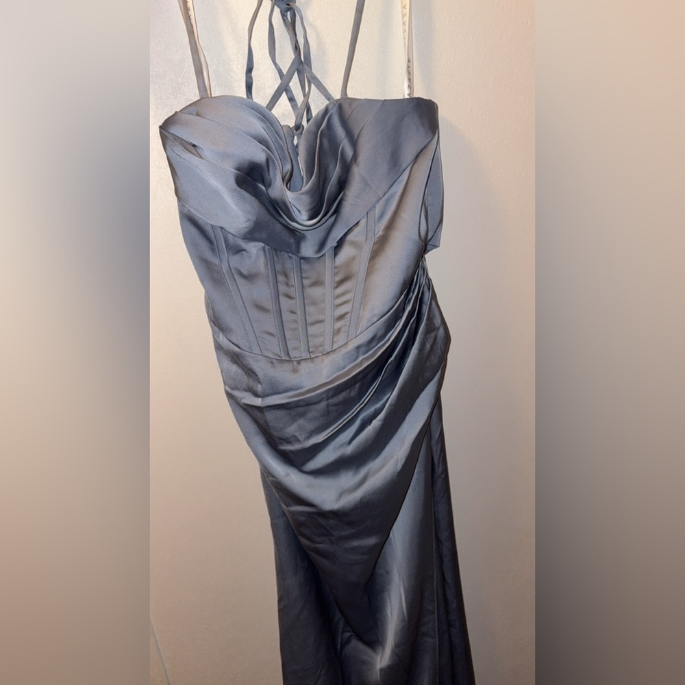Azazie Asymmetrical Blue Gray Cocktail Gown